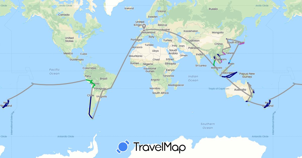 TravelMap itinerary: driving, bus, plane, train, boat, hitchhiking, motorbike in Argentina, Australia, Bolivia, Brazil, Chile, China, France, Indonesia, Japan, New Zealand, Peru, Philippines, Singapore, Thailand, Vietnam (Asia, Europe, Oceania, South America)